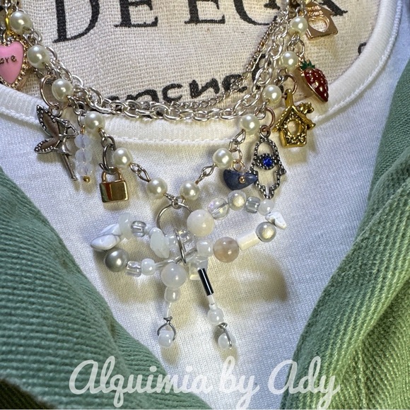 Maximalist layered pearls lapis coral opal stateme handmade necklace - Picture 5 of 10